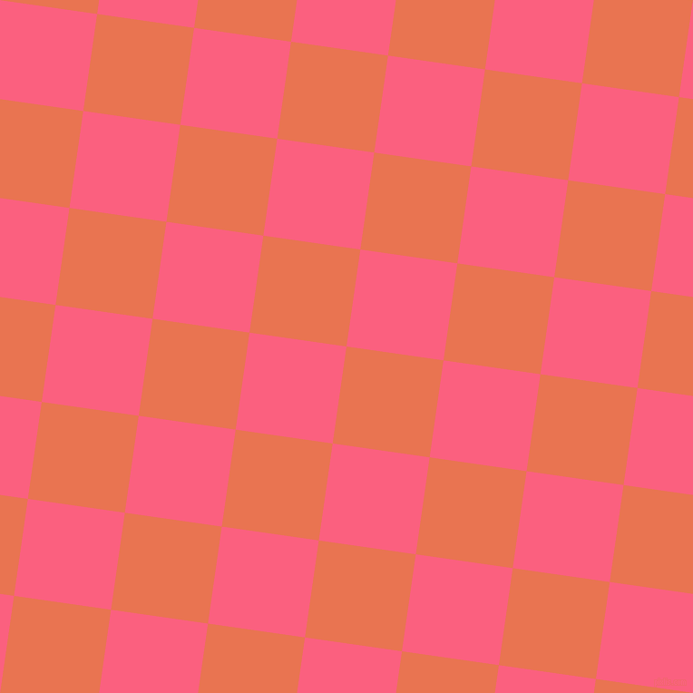 82/172 degree angle diagonal checkered chequered squares checker pattern checkers background, 108 pixel squares size, , Burnt Sienna and Brink Pink checkers chequered checkered squares seamless tileable