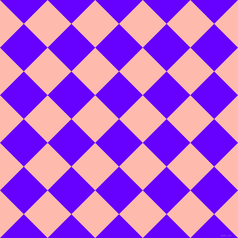 45/135 degree angle diagonal checkered chequered squares checker pattern checkers background, 111 pixel square size, Electric Indigo and Melon checkers chequered checkered squares seamless tileable