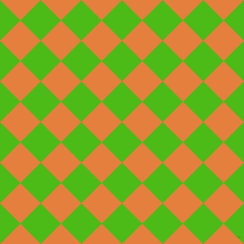 45/135 degree angle diagonal checkered chequered squares checker pattern checkers background, 96 pixel squares size, Kelly Green and Pizazz checkers chequered checkered squares seamless tileable