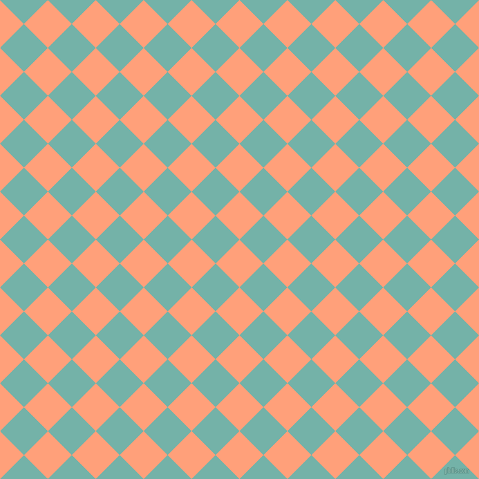 45/135 degree angle diagonal checkered chequered squares checker pattern checkers background, 49 pixel squares size, , Light Salmon and Gulf Stream checkers chequered checkered squares seamless tileable