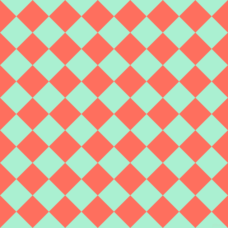 45/135 degree angle diagonal checkered chequered squares checker pattern checkers background, 74 pixel squares size, , Magic Mint and Bittersweet checkers chequered checkered squares seamless tileable