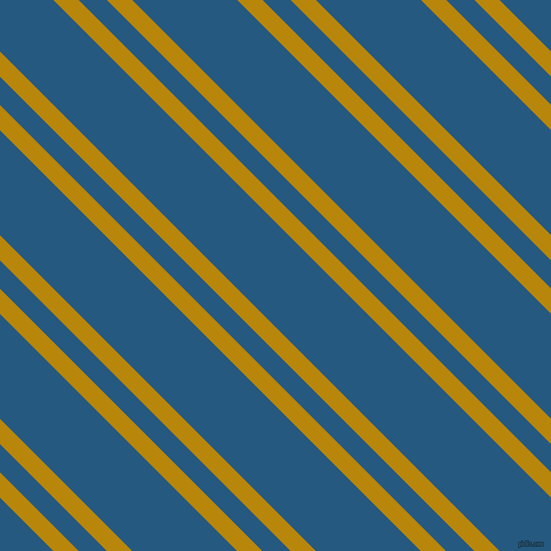 135 degree angle dual stripes lines, 25 pixel lines width, 28 and 104 pixel line spacing, Dark Goldenrod and Bahama Blue dual two line striped seamless tileable