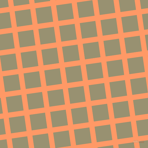 8/98 degree angle diagonal checkered chequered lines, 17 pixel line width, 51 pixel square size, Atomic Tangerine and Gurkha plaid checkered seamless tileable