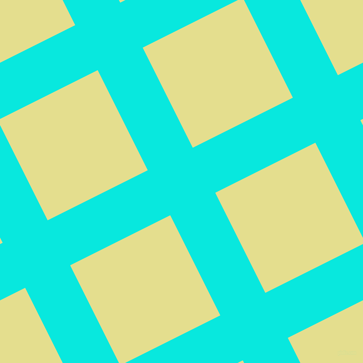 27/117 degree angle diagonal checkered chequered lines, 98 pixel line width, 218 pixel square size, Bright Turquoise and Primrose plaid checkered seamless tileable