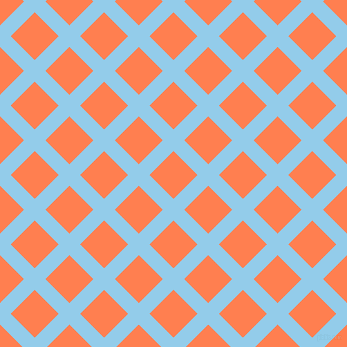 45/135 degree angle diagonal checkered chequered lines, 22 pixel line width, 49 pixel square size, Cornflower and Coral plaid checkered seamless tileable