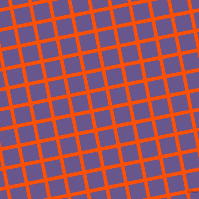 11/101 degree angle diagonal checkered chequered lines, 12 pixel line width, 53 pixel square size, International Orange and Butterfly Bush plaid checkered seamless tileable