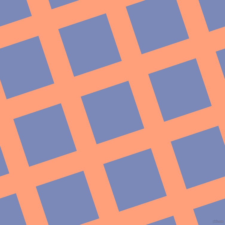 18/108 degree angle diagonal checkered chequered lines, 70 pixel lines width, 168 pixel square size, Light Salmon and Wild Blue Yonder plaid checkered seamless tileable