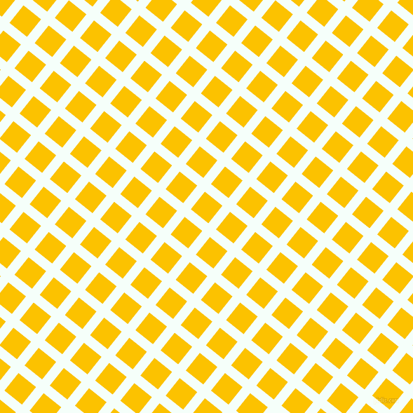 51/141 degree angle diagonal checkered chequered lines, 14 pixel lines width, 32 pixel square size, Mint Cream and Golden Poppy plaid checkered seamless tileable