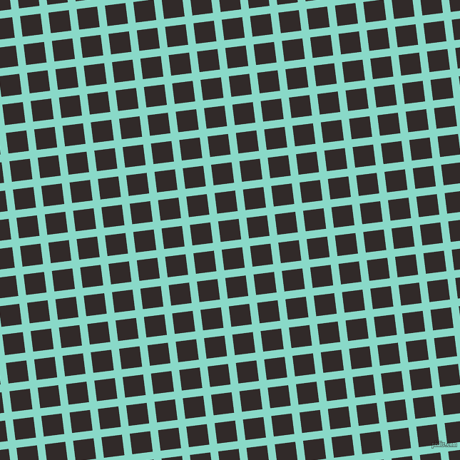 7/97 degree angle diagonal checkered chequered lines, 11 pixel line width, 29 pixel square size, Riptide and Livid Brown plaid checkered seamless tileable