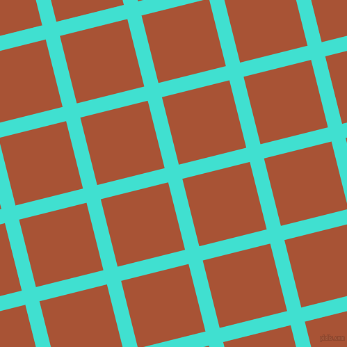 14/104 degree angle diagonal checkered chequered lines, 21 pixel line width, 100 pixel square size, Turquoise and Orange Roughy plaid checkered seamless tileable