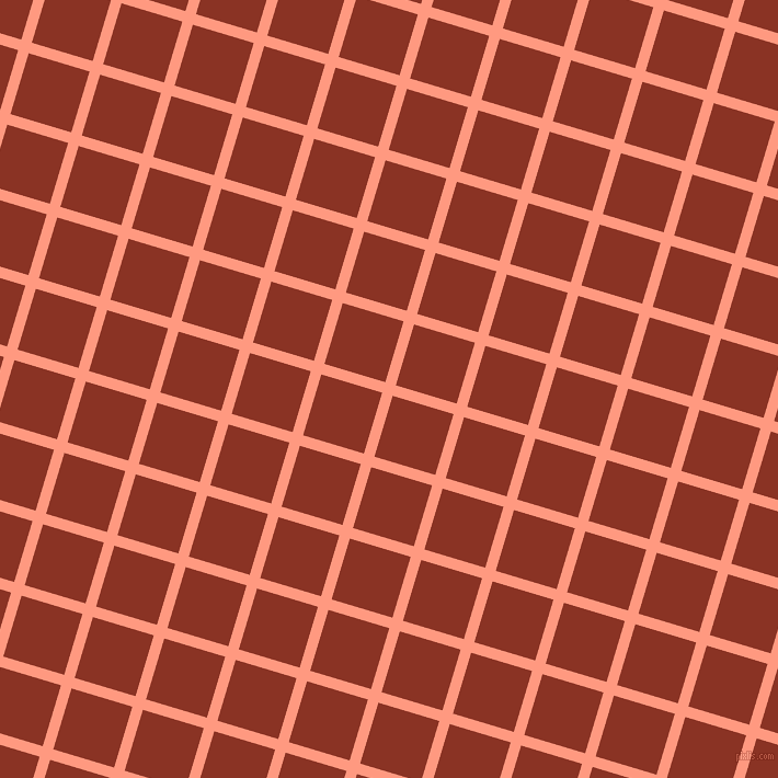 73/163 degree angle diagonal checkered chequered lines, 10 pixel line width, 58 pixel square size, Vivid Tangerine and Burnt Umber plaid checkered seamless tileable