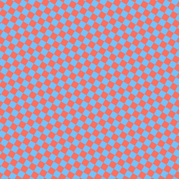 59/149 degree angle diagonal checkered chequered squares checker pattern checkers background, 20 pixel square size, , Maya Blue and Bittersweet checkers chequered checkered squares seamless tileable