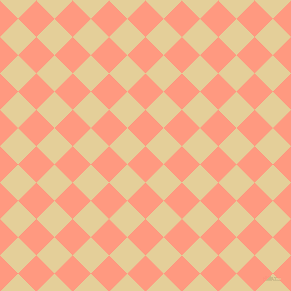 45/135 degree angle diagonal checkered chequered squares checker pattern checkers background, 52 pixel square size, , Vivid Tangerine and Double Colonial White checkers chequered checkered squares seamless tileable