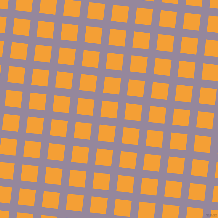 84/174 degree angle diagonal checkered chequered lines, 26 pixel line width, 53 pixel square size, Amethyst Smoke and Yellow Sea plaid checkered seamless tileable