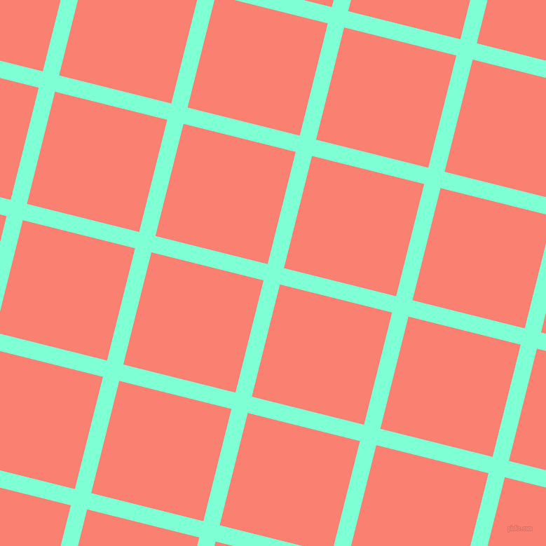 76/166 degree angle diagonal checkered chequered lines, 24 pixel line width, 165 pixel square size, Aquamarine and Salmon plaid checkered seamless tileable