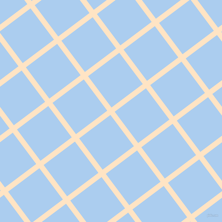 37/127 degree angle diagonal checkered chequered lines, 17 pixel line width, 125 pixel square size, Bisque and Pale Cornflower Blue plaid checkered seamless tileable