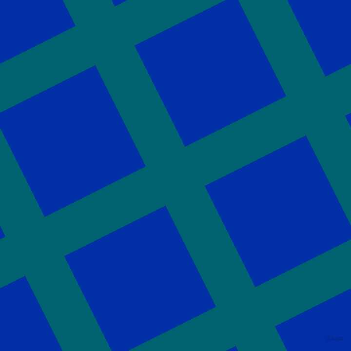 27/117 degree angle diagonal checkered chequered lines, 90 pixel lines width, 232 pixel square size, Blue Lagoon and International Klein Blue plaid checkered seamless tileable