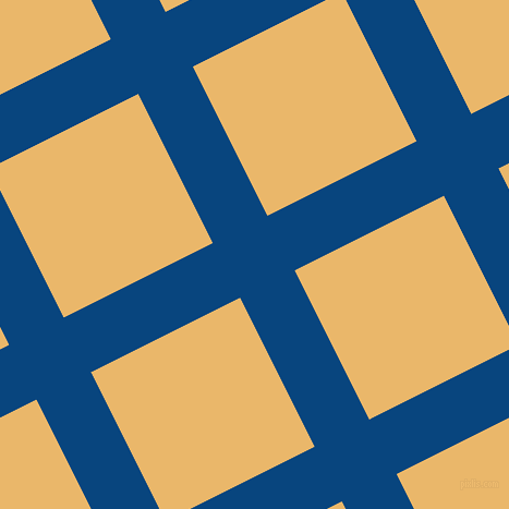 27/117 degree angle diagonal checkered chequered lines, 56 pixel line width, 153 pixel square size, Dark Cerulean and Harvest Gold plaid checkered seamless tileable