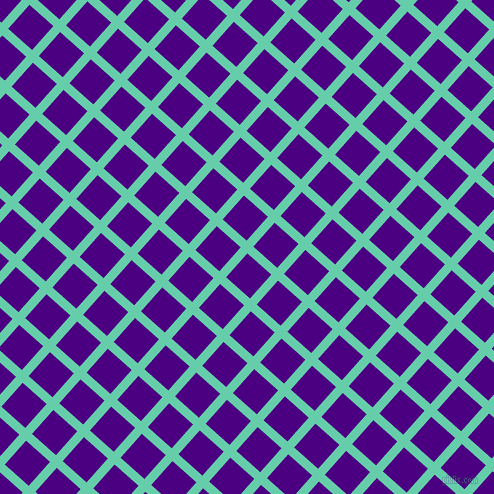 48/138 degree angle diagonal checkered chequered lines, 9 pixel line width, 32 pixel square size, Medium Aquamarine and Indigo plaid checkered seamless tileable