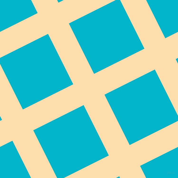 27/117 degree angle diagonal checkered chequered lines, 98 pixel lines width, 237 pixel square size, Navajo White and Iris Blue plaid checkered seamless tileable