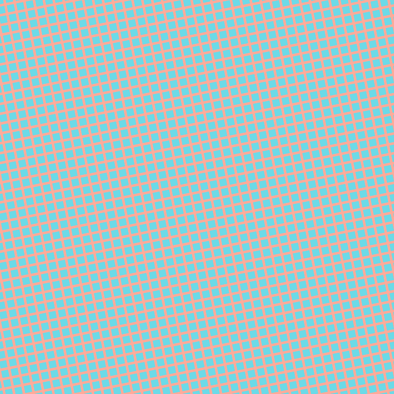 11/101 degree angle diagonal checkered chequered lines, 5 pixel line width, 14 pixel square size, Rose Bud and Turquoise Blue plaid checkered seamless tileable