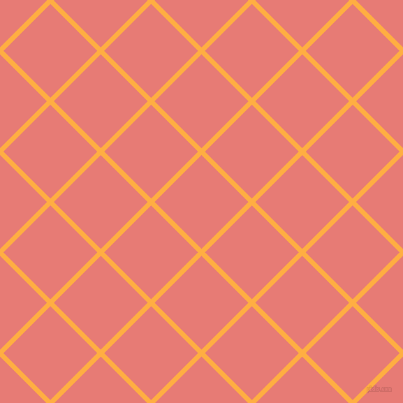45/135 degree angle diagonal checkered chequered lines, 7 pixel lines width, 95 pixel square size, Yellow Orange and Geraldine plaid checkered seamless tileable